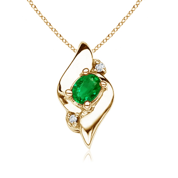 4x3mm AAAA Shell Style Oval Emerald and Diamond Pendant in 18K Yellow Gold 