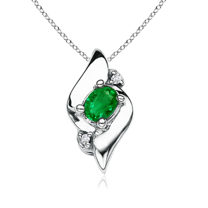 4x3mm AAAA Shell Style Oval Emerald and Diamond Pendant in S999 Silver
