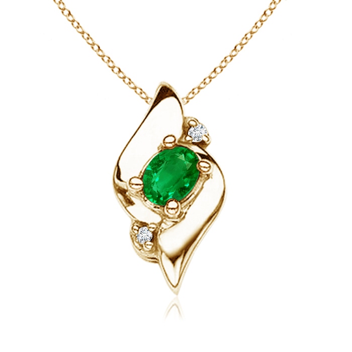 4x3mm AAAA Shell Style Oval Emerald and Diamond Pendant in Yellow Gold 