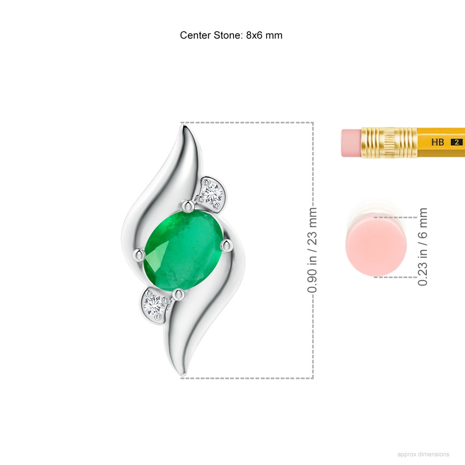 8x6mm A Shell Style Oval Emerald and Diamond Pendant in White Gold ruler