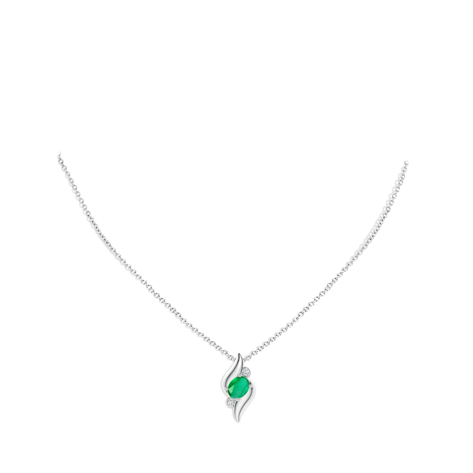 8x6mm A Shell Style Oval Emerald and Diamond Pendant in White Gold pen