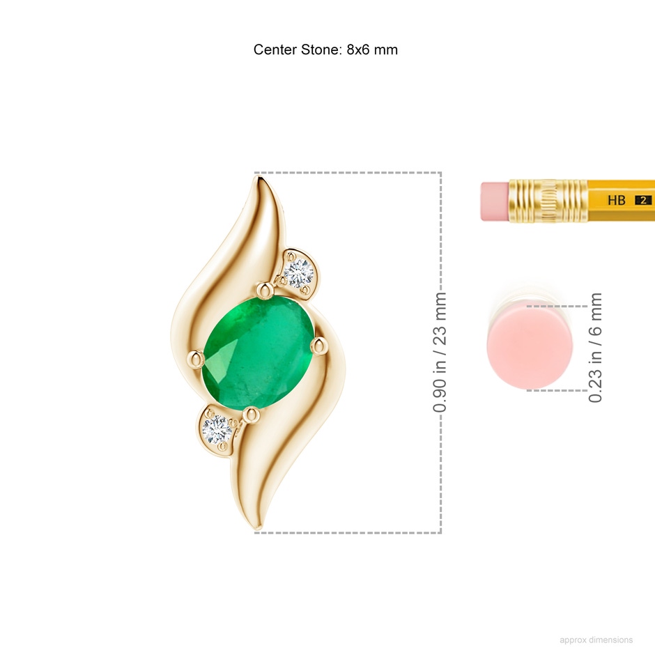 8x6mm A Shell Style Oval Emerald and Diamond Pendant in Yellow Gold ruler