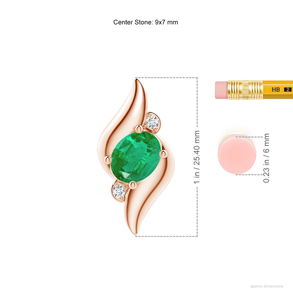 9x7mm AA Shell Style Oval Emerald and Diamond Pendant in Rose Gold ruler