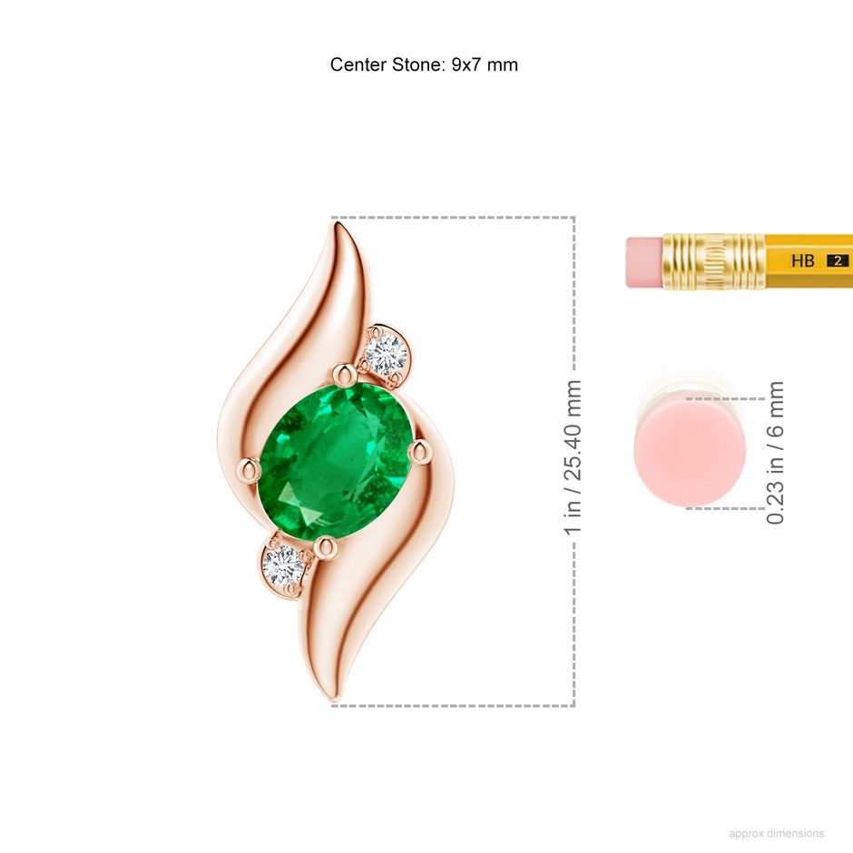 9x7mm AAA Shell Style Oval Emerald and Diamond Pendant in Rose Gold ruler