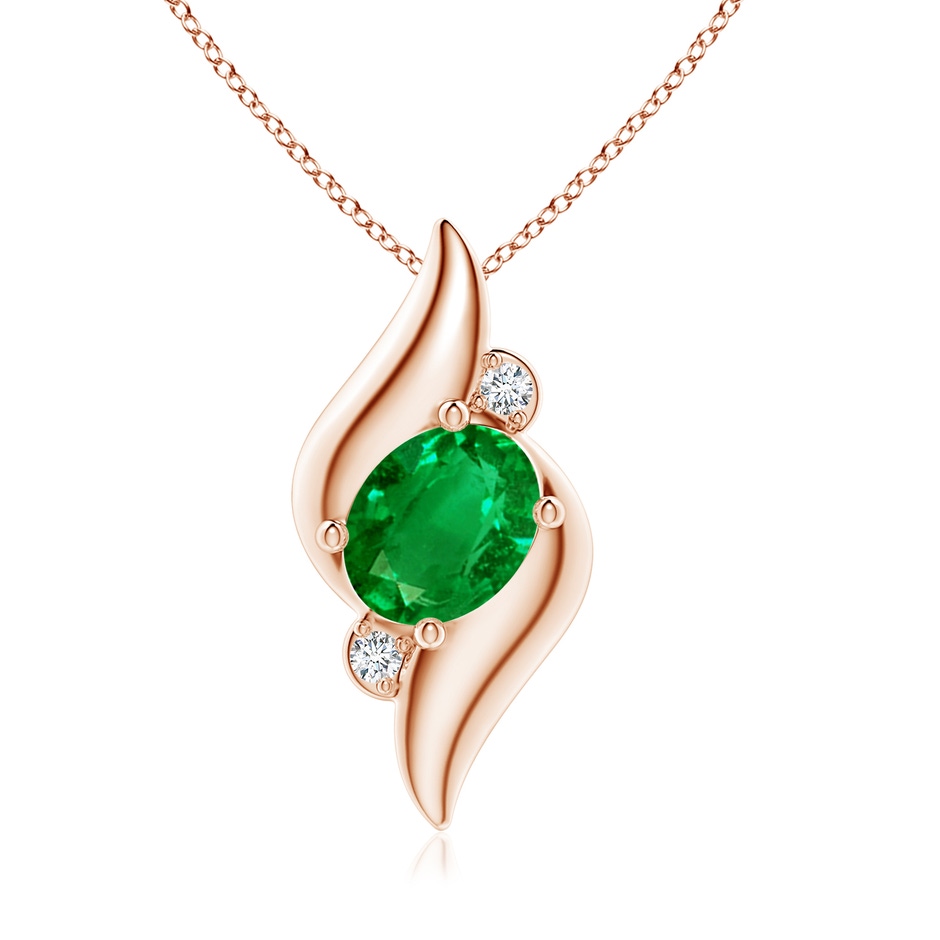 9x7mm AAAA Shell Style Oval Emerald and Diamond Pendant in Rose Gold 
