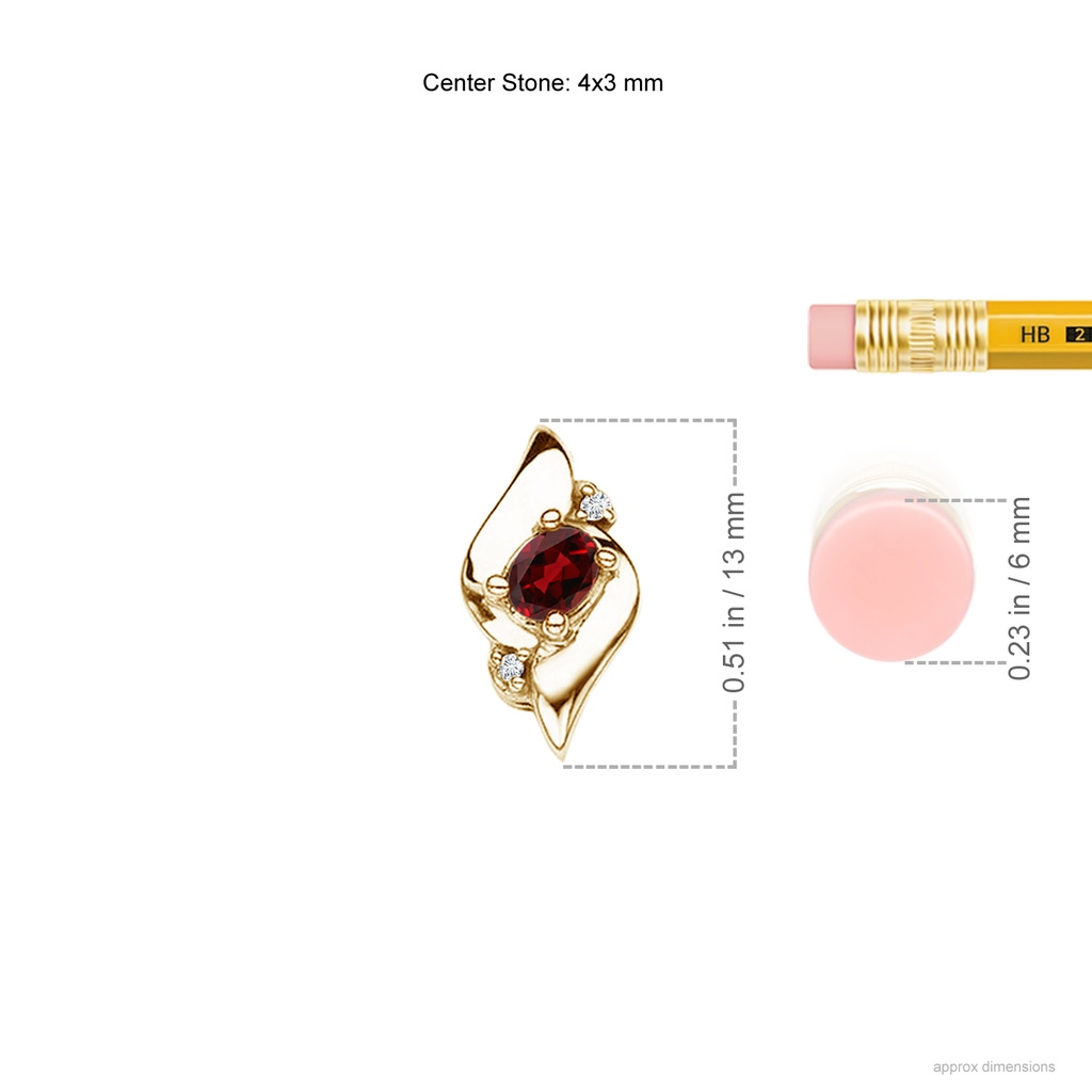 4x3mm AAAA Shell Style Oval Garnet and Diamond Pendant in Yellow Gold Ruler