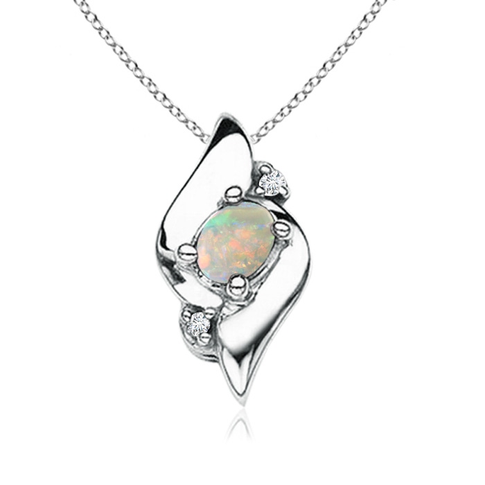 4x3mm AAAA Shell Style Oval Opal and Diamond Pendant in White Gold 