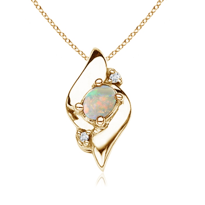 4x3mm AAAA Shell Style Oval Opal and Diamond Pendant in Yellow Gold 