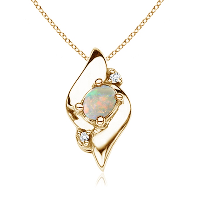 4x3mm AAAA Shell Style Oval Opal and Diamond Pendant in Yellow Gold