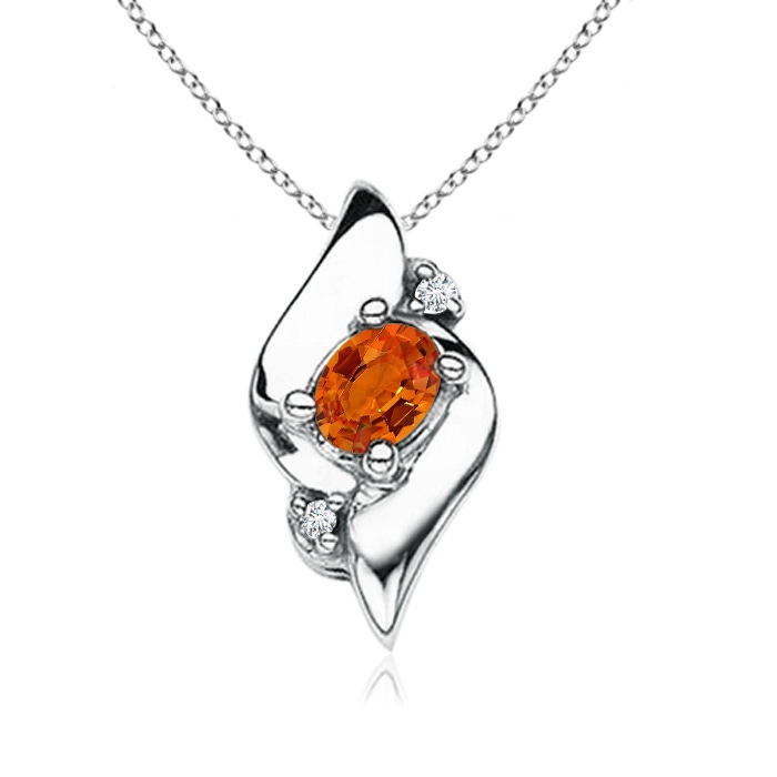 4x3mm AAAA Shell Style Oval Orange Sapphire and Diamond Pendant in White Gold 