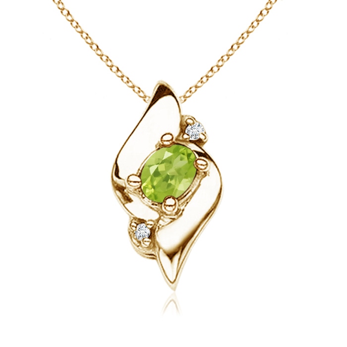 4x3mm AA Shell Style Oval Peridot and Diamond Pendant in Yellow Gold 