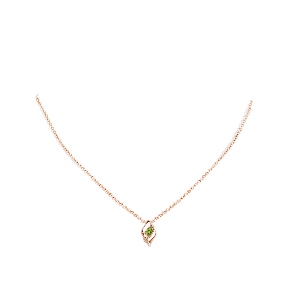 4x3mm AAA Shell Style Oval Peridot and Diamond Pendant in Rose Gold body-neck