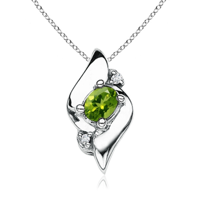 4x3mm AAAA Shell Style Oval Peridot and Diamond Pendant in S999 Silver