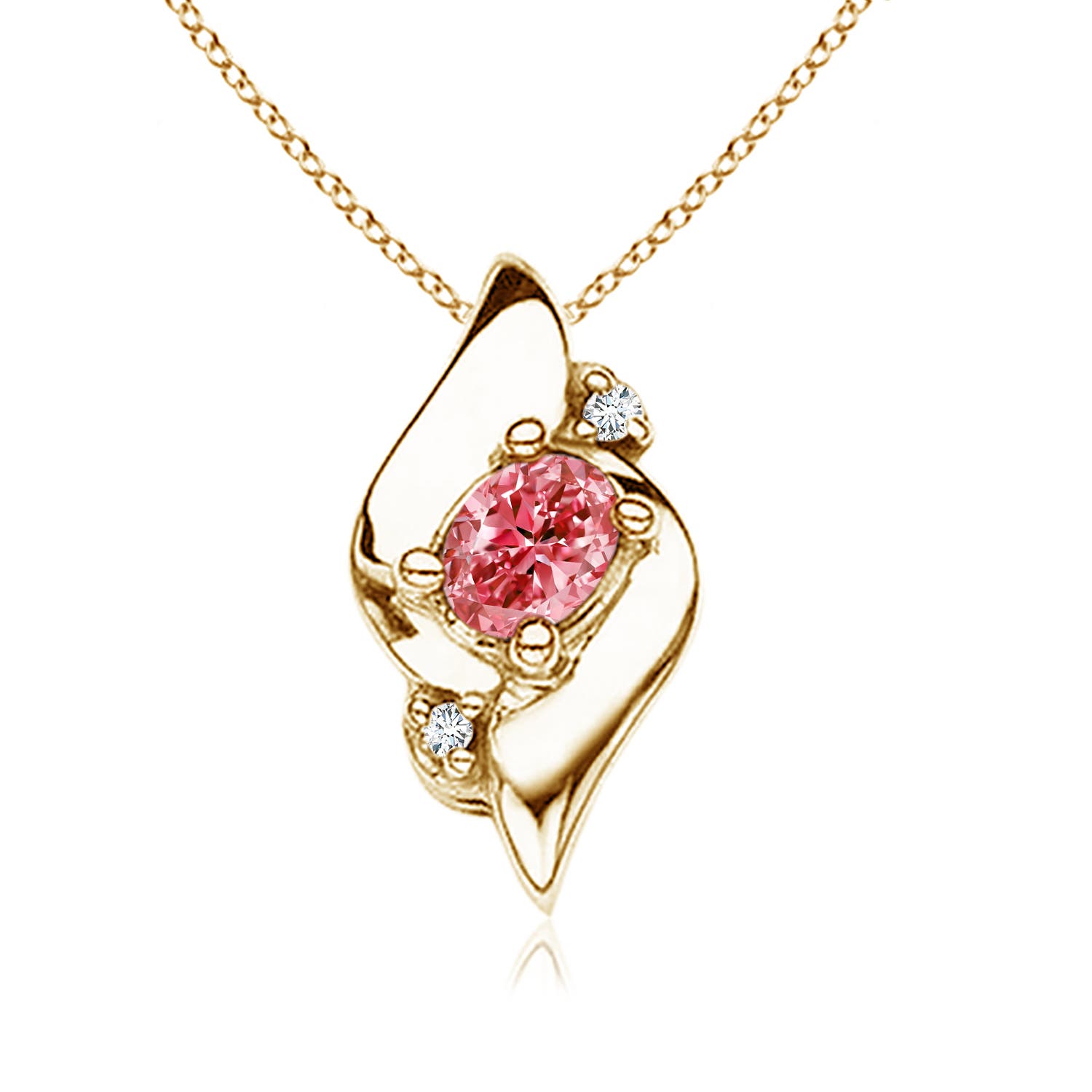 Angara 0.8 CTW Shell Style Oval Fancy Intense Pink and White Diamond Pendant in 18K Yellow Gold