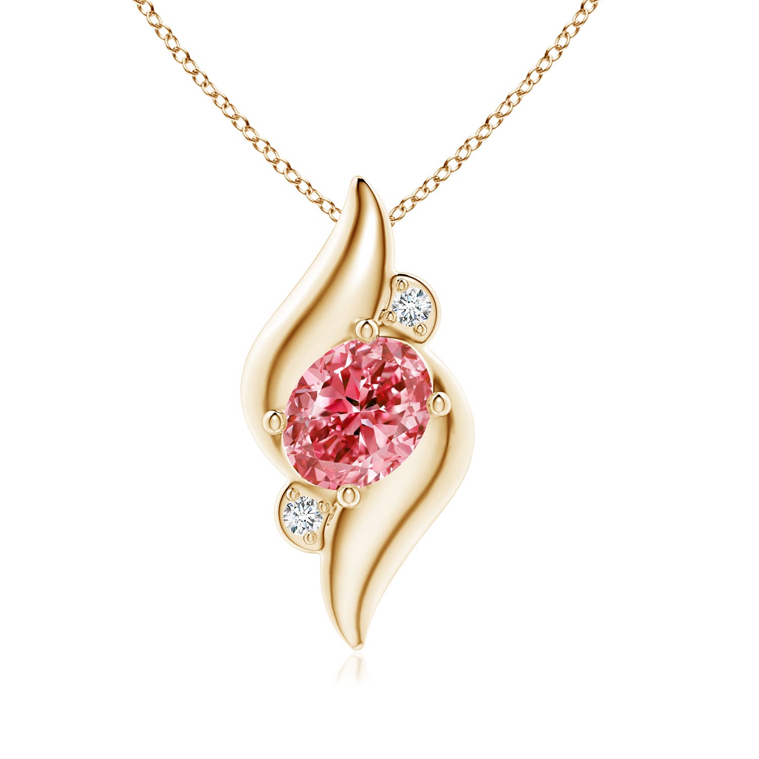 Angara 1.24 CTW Shell Style Oval Fancy Intense Pink and White Diamond Pendant in 14K Yellow Gold