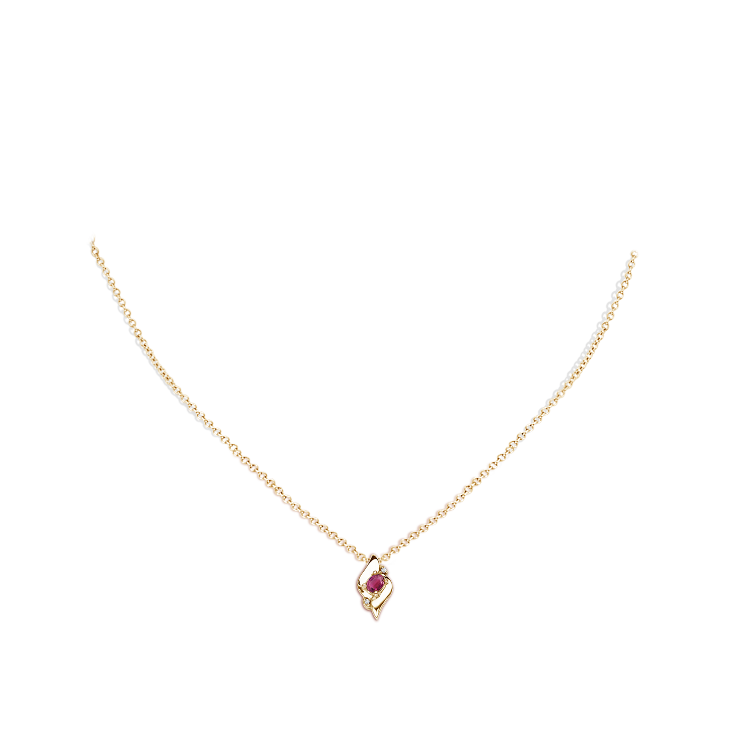 4x3mm AAAA Shell Style Oval Pink Tourmaline and Diamond Pendant in Yellow Gold - body_neck