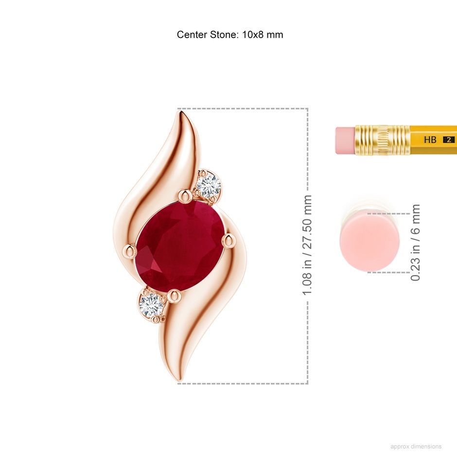 10x8mm AA Shell Style Oval Ruby and Diamond Pendant in Rose Gold ruler