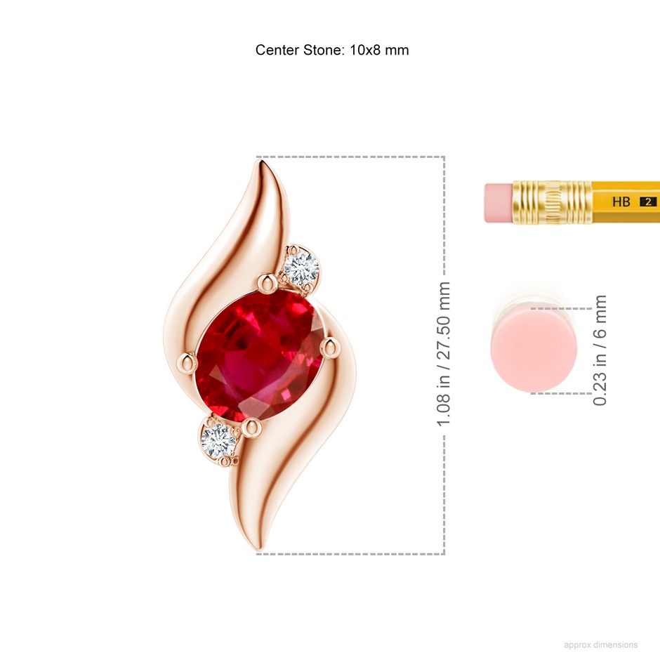 10x8mm AAA Shell Style Oval Ruby and Diamond Pendant in 18K Rose Gold ruler