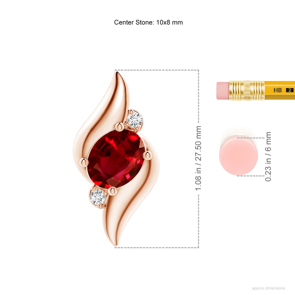 10x8mm AAAA Shell Style Oval Ruby and Diamond Pendant in 18K Rose Gold ruler