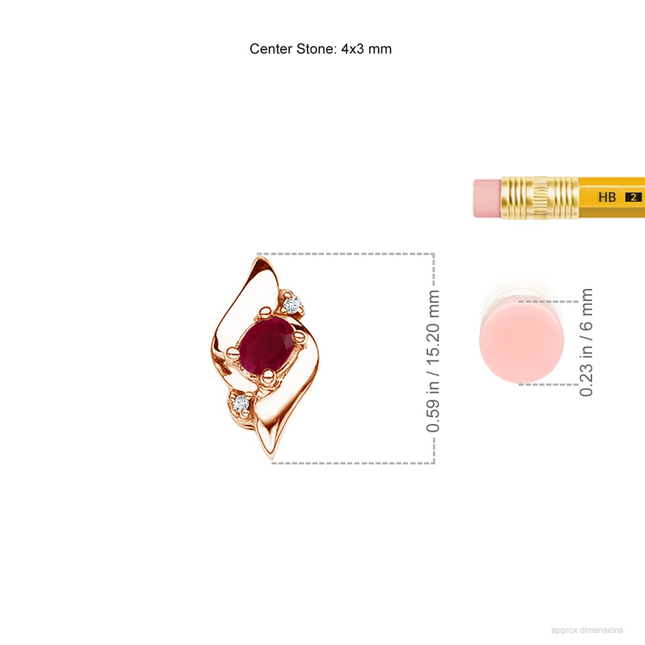 4x3mm A Shell Style Oval Ruby and Diamond Pendant in 10K Rose Gold ruler
