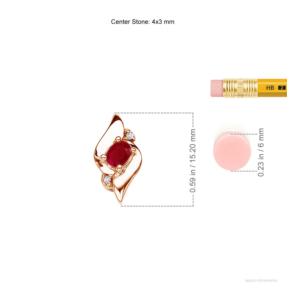4x3mm AA Shell Style Oval Ruby and Diamond Pendant in 9K Rose Gold ruler