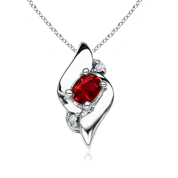 4x3mm AAAA Shell Style Oval Ruby and Diamond Pendant in 18K White Gold