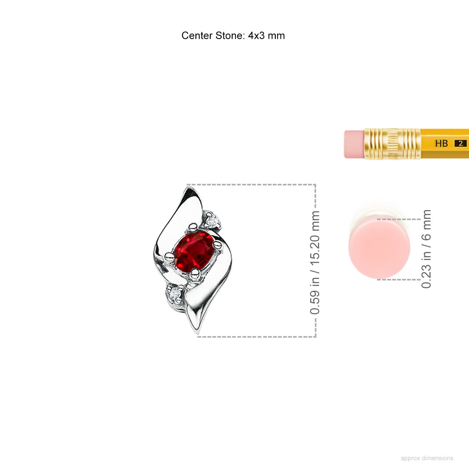 4x3mm AAAA Shell Style Oval Ruby and Diamond Pendant in 18CT White Gold - ruler