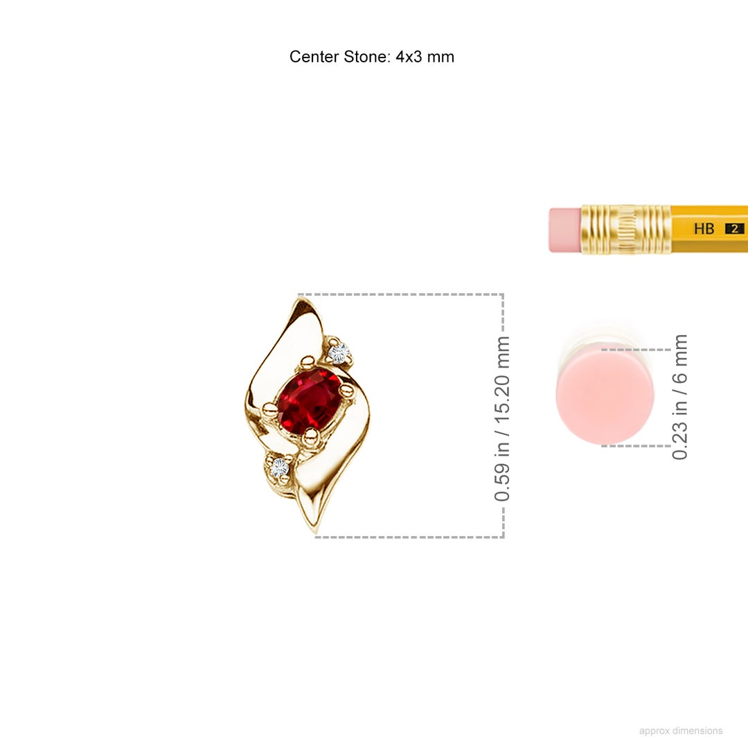 4x3mm AAAA Shell Style Oval Ruby and Diamond Pendant in 18K Yellow Gold - ruler