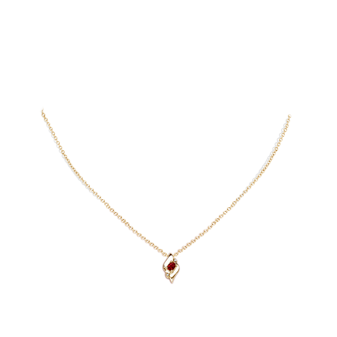 4x3mm AAAA Shell Style Oval Ruby and Diamond Pendant in 18K Yellow Gold - body_neck