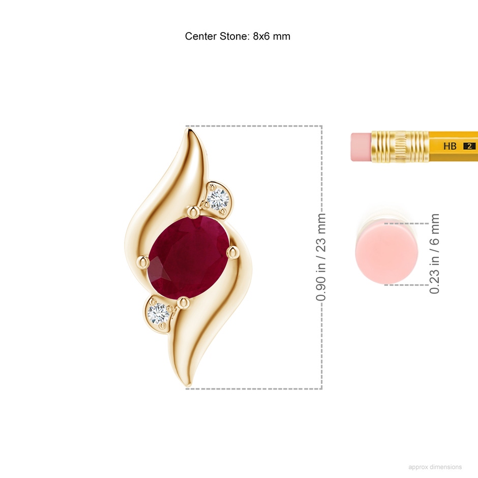 8x6mm A Shell Style Oval Ruby and Diamond Pendant in Yellow Gold ruler