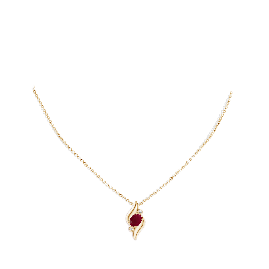 8x6mm A Shell Style Oval Ruby and Diamond Pendant in Yellow Gold pen