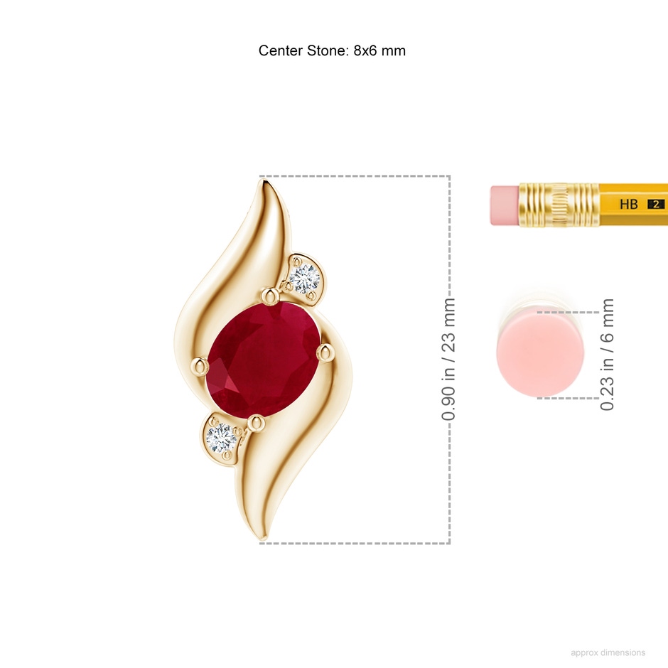 8x6mm AA Shell Style Oval Ruby and Diamond Pendant in Yellow Gold ruler