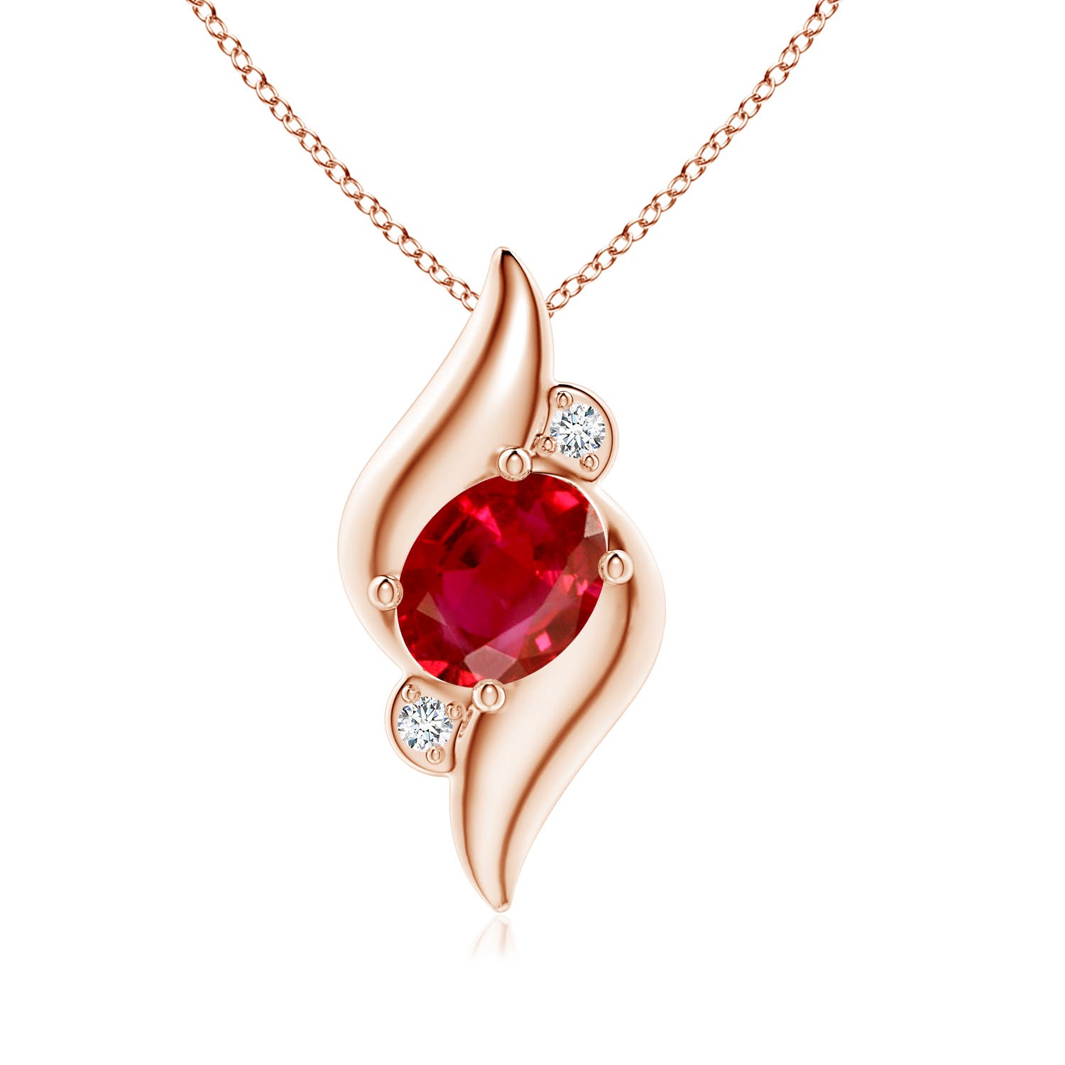 8x6mm AAA Shell Style Oval Ruby and Diamond Pendant in 18K Rose Gold