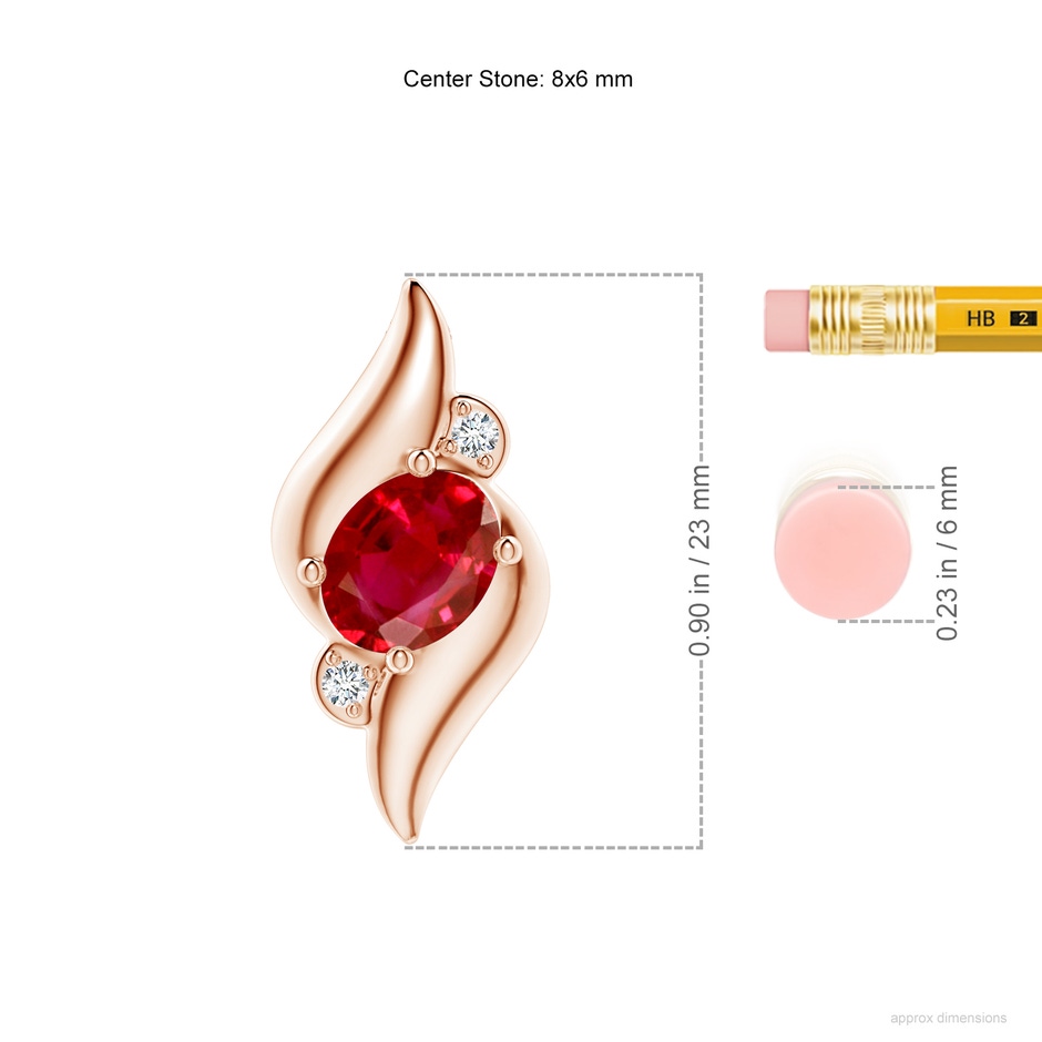 8x6mm AAA Shell Style Oval Ruby and Diamond Pendant in Rose Gold ruler