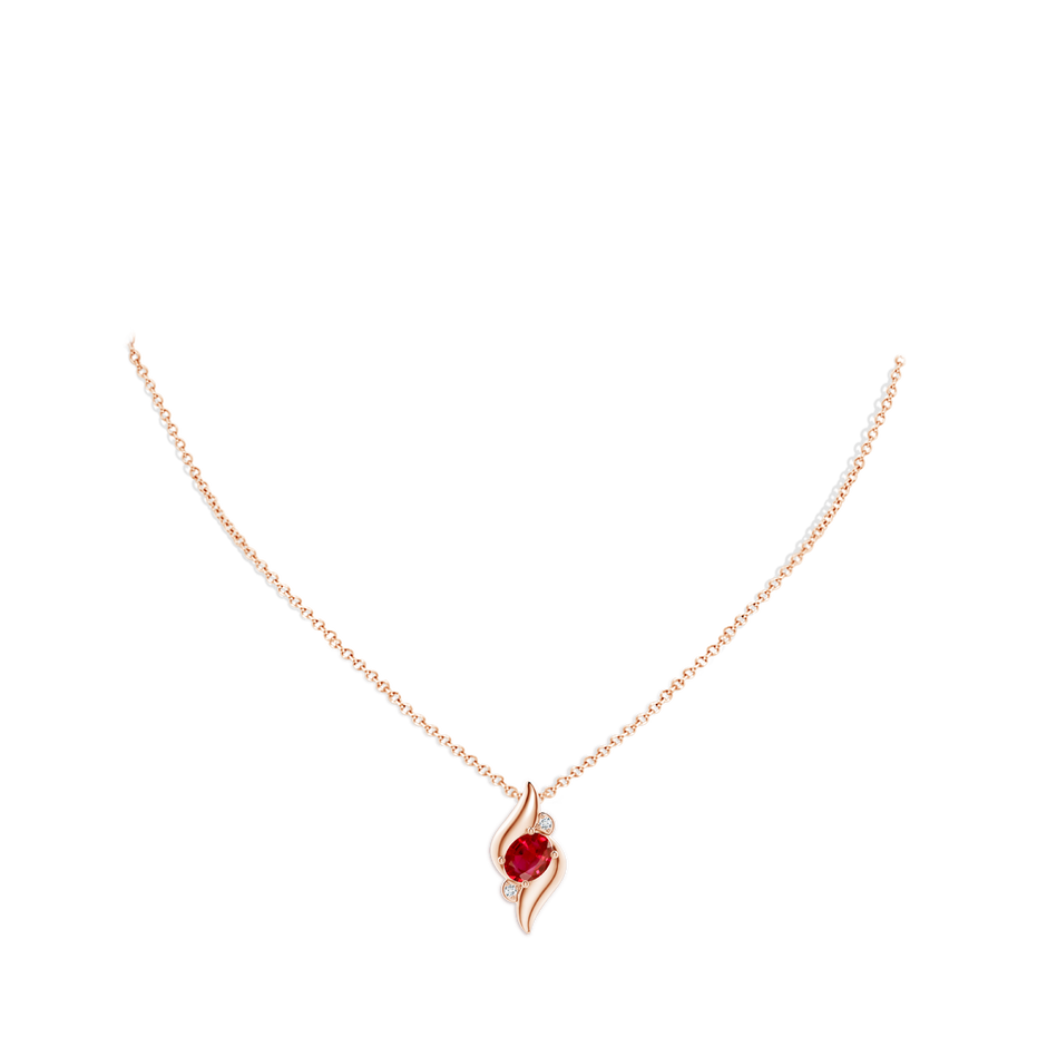 8x6mm AAA Shell Style Oval Ruby and Diamond Pendant in Rose Gold pen