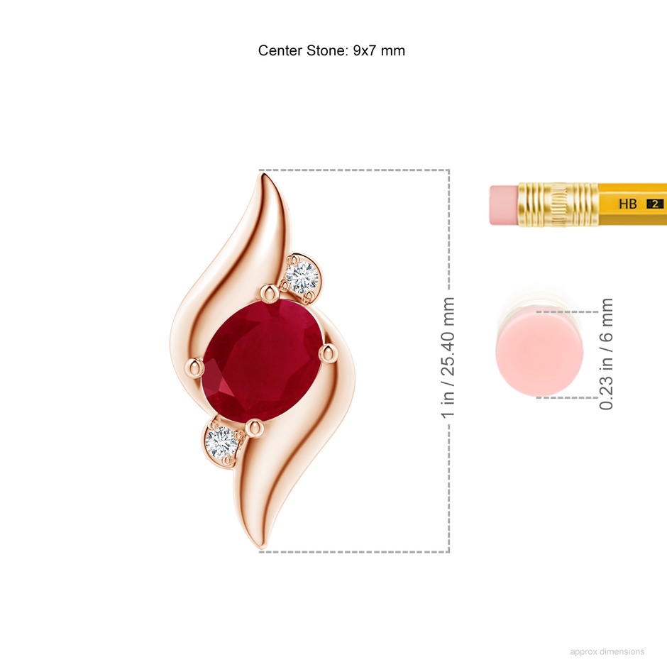 9x7mm AA Shell Style Oval Ruby and Diamond Pendant in Rose Gold ruler