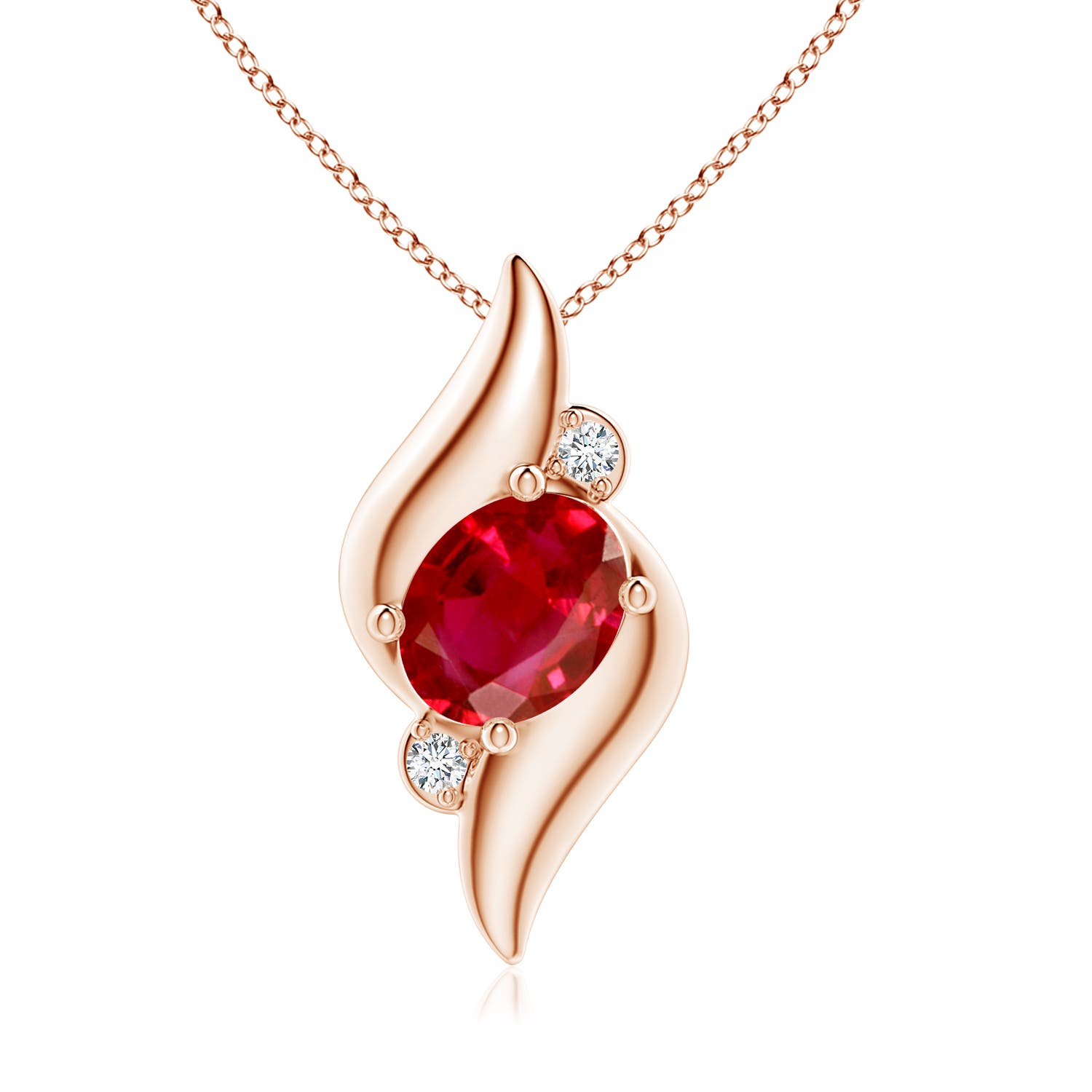 9x7mm AAA Shell Style Oval Ruby and Diamond Pendant in 18K Rose Gold