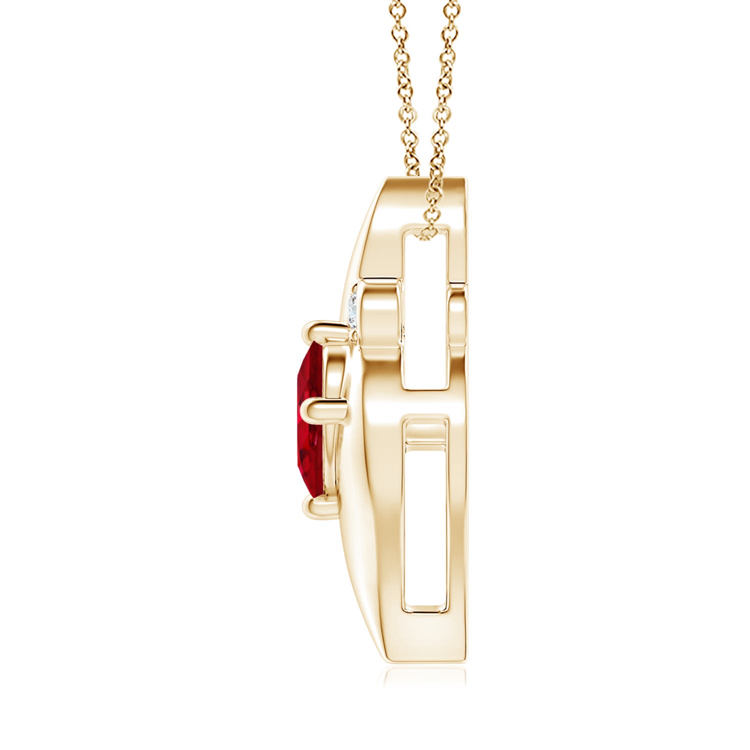 9x7mm AAA Shell Style Oval Ruby and Diamond Pendant in 18K Yellow Gold