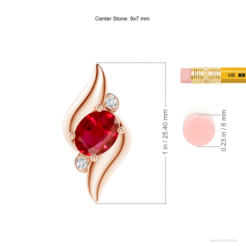 9x7mm AAA Shell Style Oval Ruby and Diamond Pendant in Rose Gold ruler