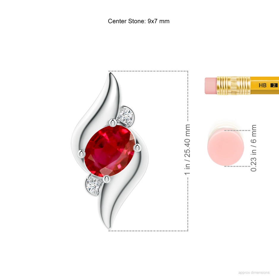 9x7mm AAA Shell Style Oval Ruby and Diamond Pendant in White Gold ruler