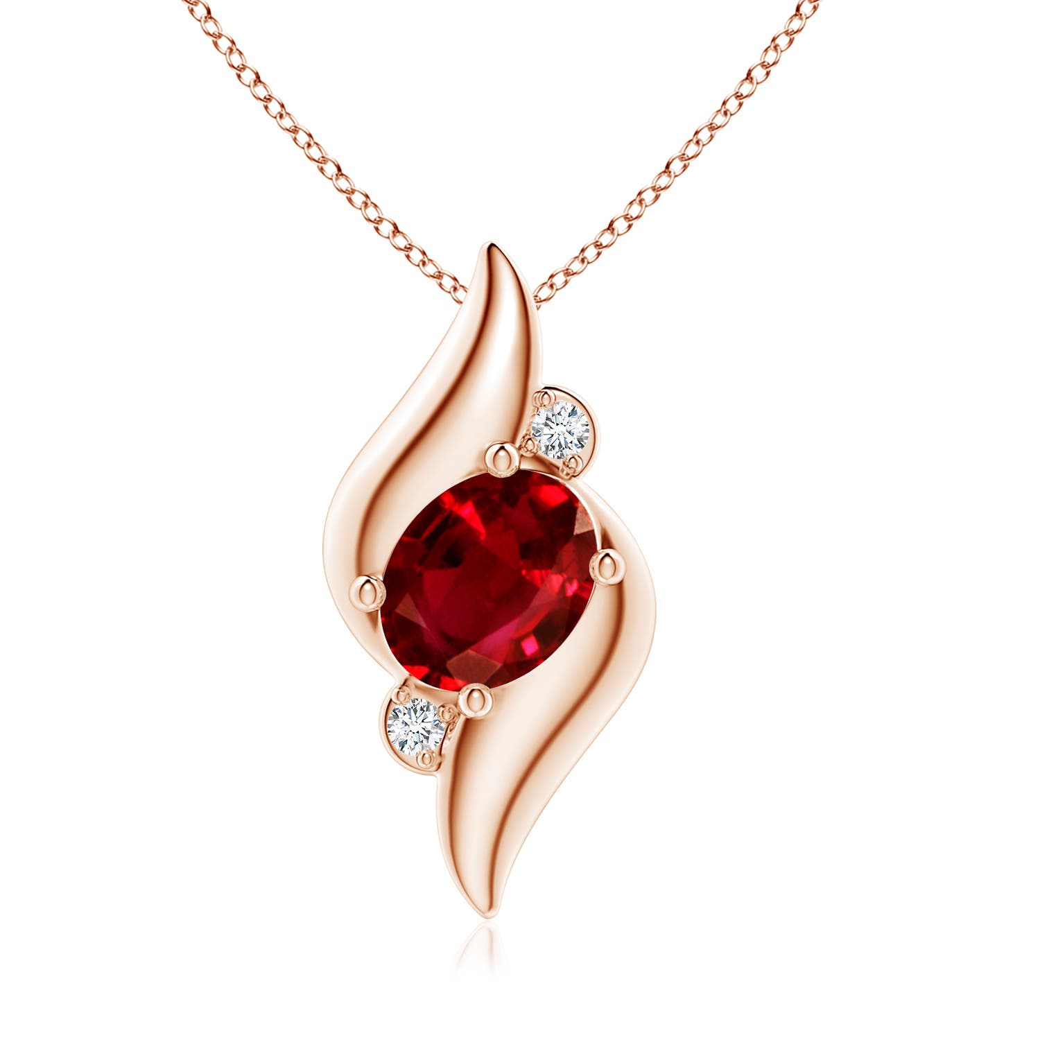 9x7mm AAAA Shell Style Oval Ruby and Diamond Pendant in 18K Rose Gold