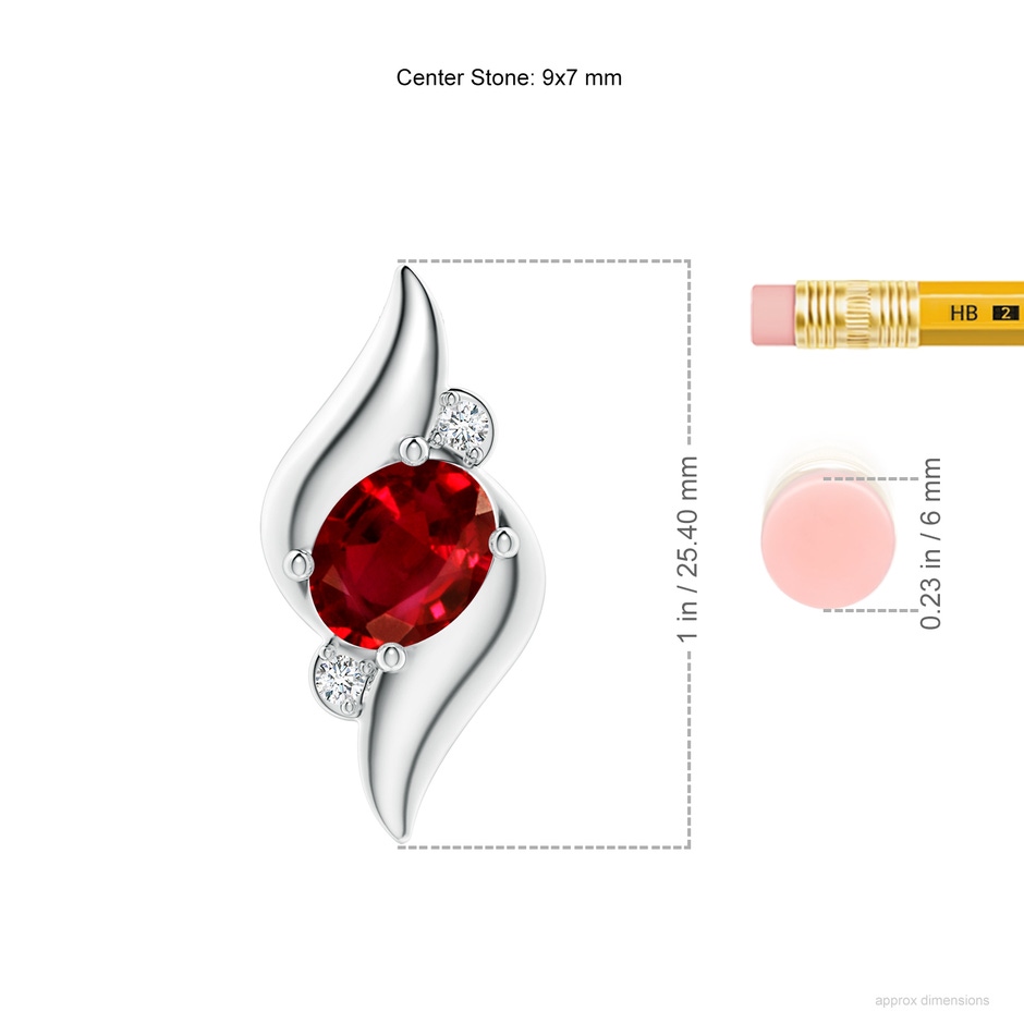 9x7mm AAAA Shell Style Oval Ruby and Diamond Pendant in P950 Platinum ruler