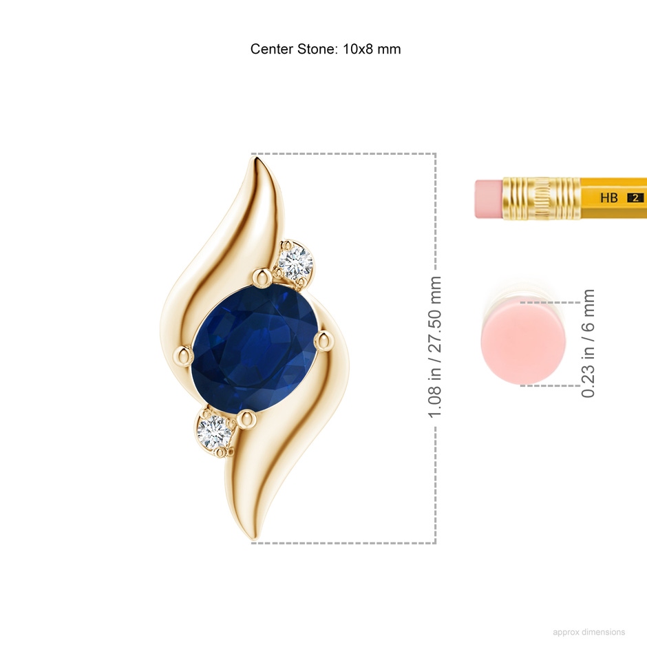 10x8mm AA Shell Style Oval Sapphire and Diamond Pendant in Yellow Gold ruler