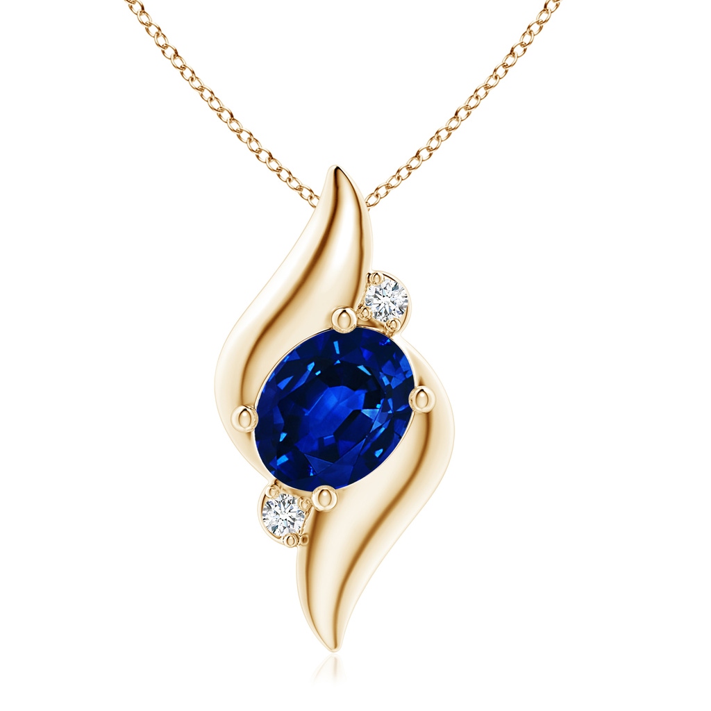 10x8mm AAAA Shell Style Oval Sapphire and Diamond Pendant in Yellow Gold