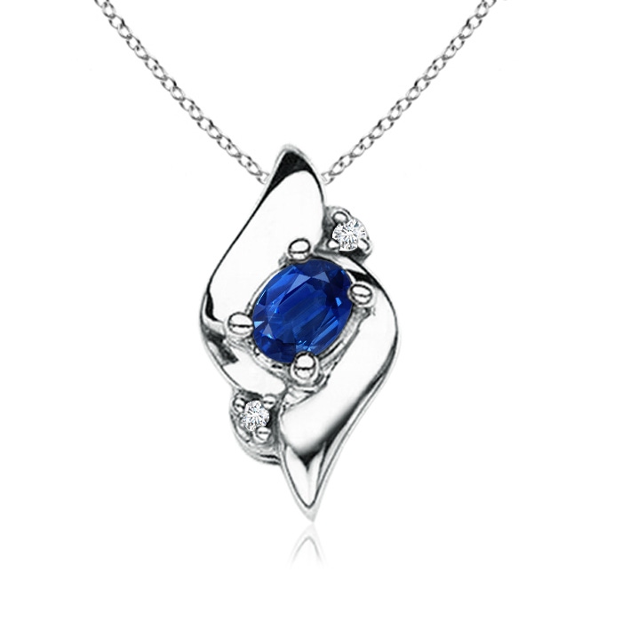 4x3mm AAA Shell Style Oval Sapphire and Diamond Pendant in 10K White Gold