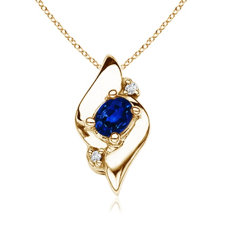 4x3mm AAAA Shell Style Oval Sapphire and Diamond Pendant in 18K Yellow Gold