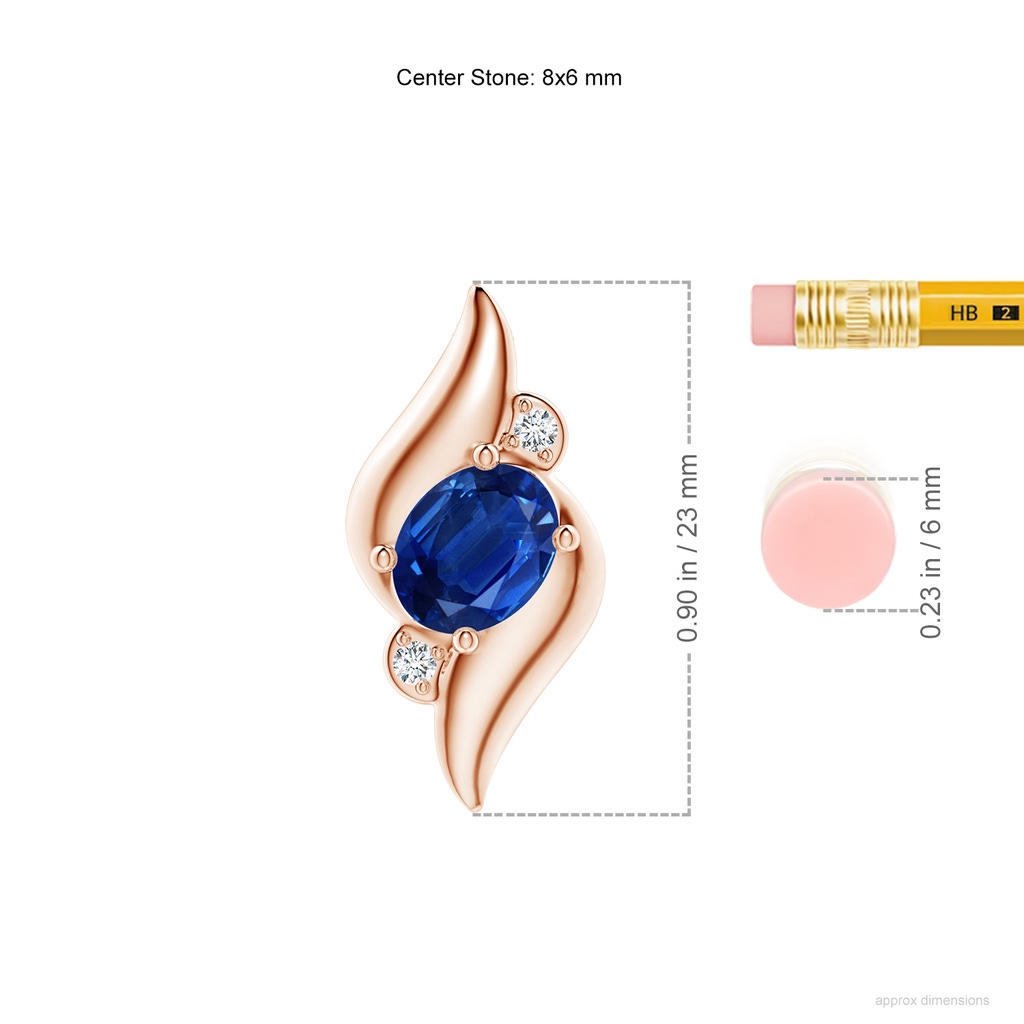 8x6mm AAA Shell Style Oval Sapphire and Diamond Pendant in Rose Gold ruler