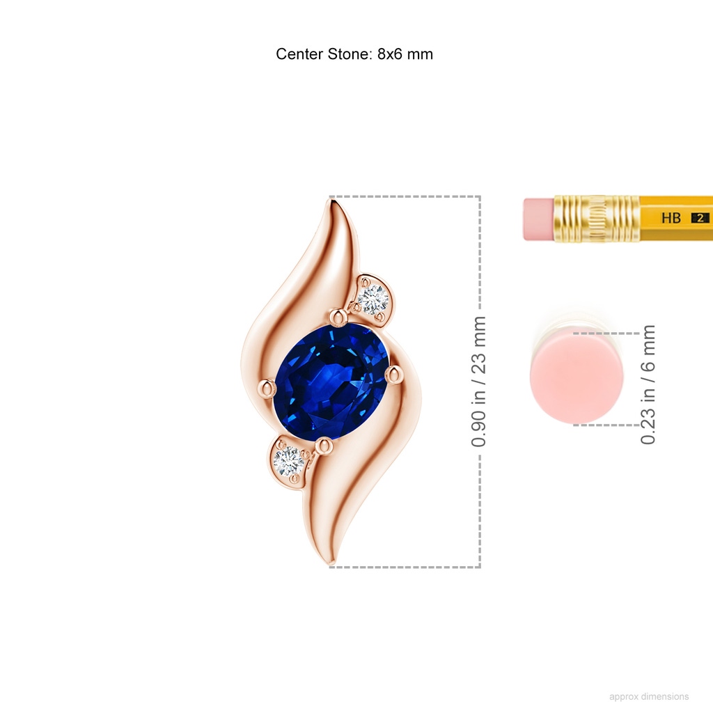 8x6mm AAAA Shell Style Oval Sapphire and Diamond Pendant in Rose Gold ruler