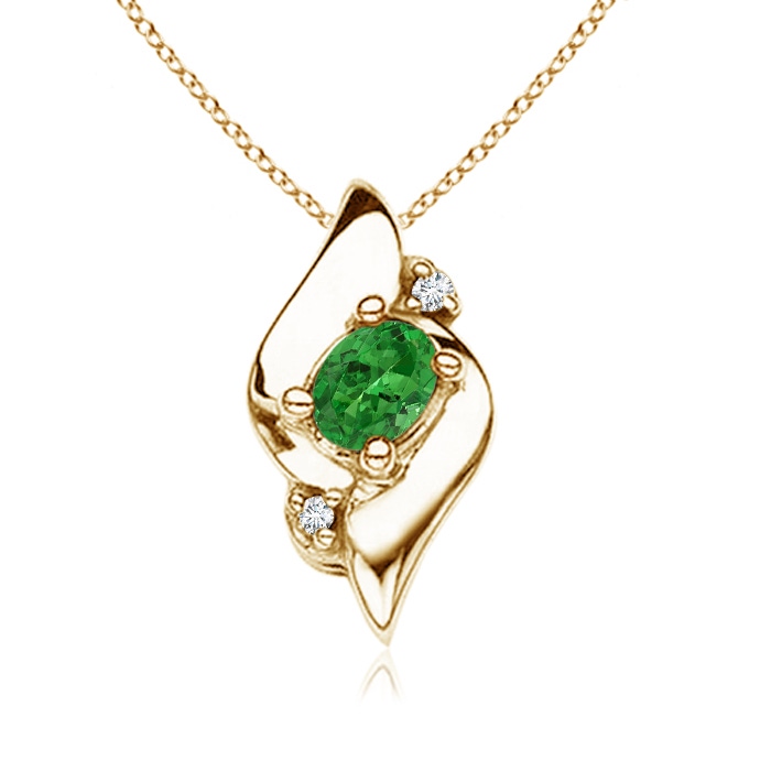 4x3mm AAAA Shell Style Oval Tsavorite and Diamond Pendant in 18K Yellow Gold 
