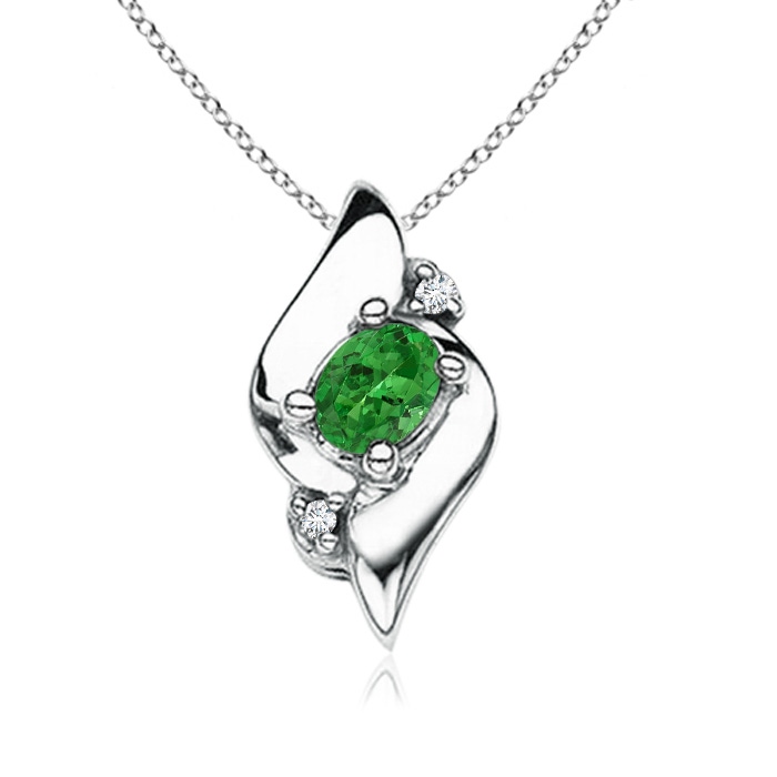 4x3mm AAAA Shell Style Oval Tsavorite and Diamond Pendant in S999 Silver